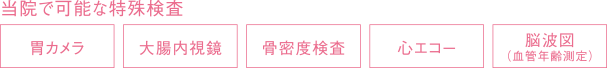 当院で可能な特殊検査：胃カメラ・大腸内視鏡・骨密度検査・心エコー・脈液検査